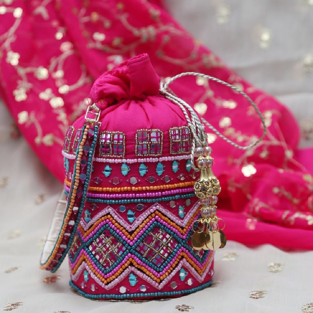 Grahvatika Potli Bag (Clutch, Drawstring Purse) For Women With Intricate  Gold Thread & Sequin Embroidery Work